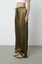 Jakarlı Bol Paça Saten Pantolon - Beli Lastikli 45286