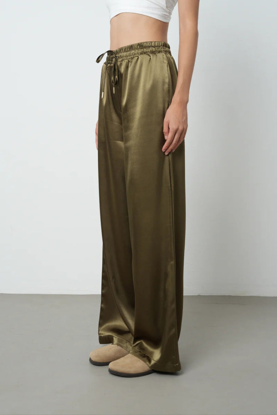 Jakarlı Bol Paça Saten Pantolon - Beli Lastikli 45286