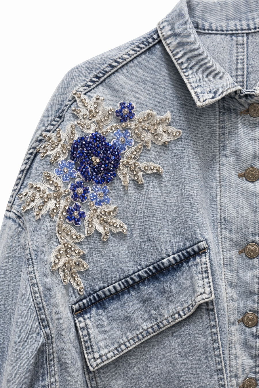 Sırt ve Ön İşlemeli Kot Ceket