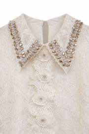 Zarif Güpür Detaylı Transparan Kollu Bluz-Krem