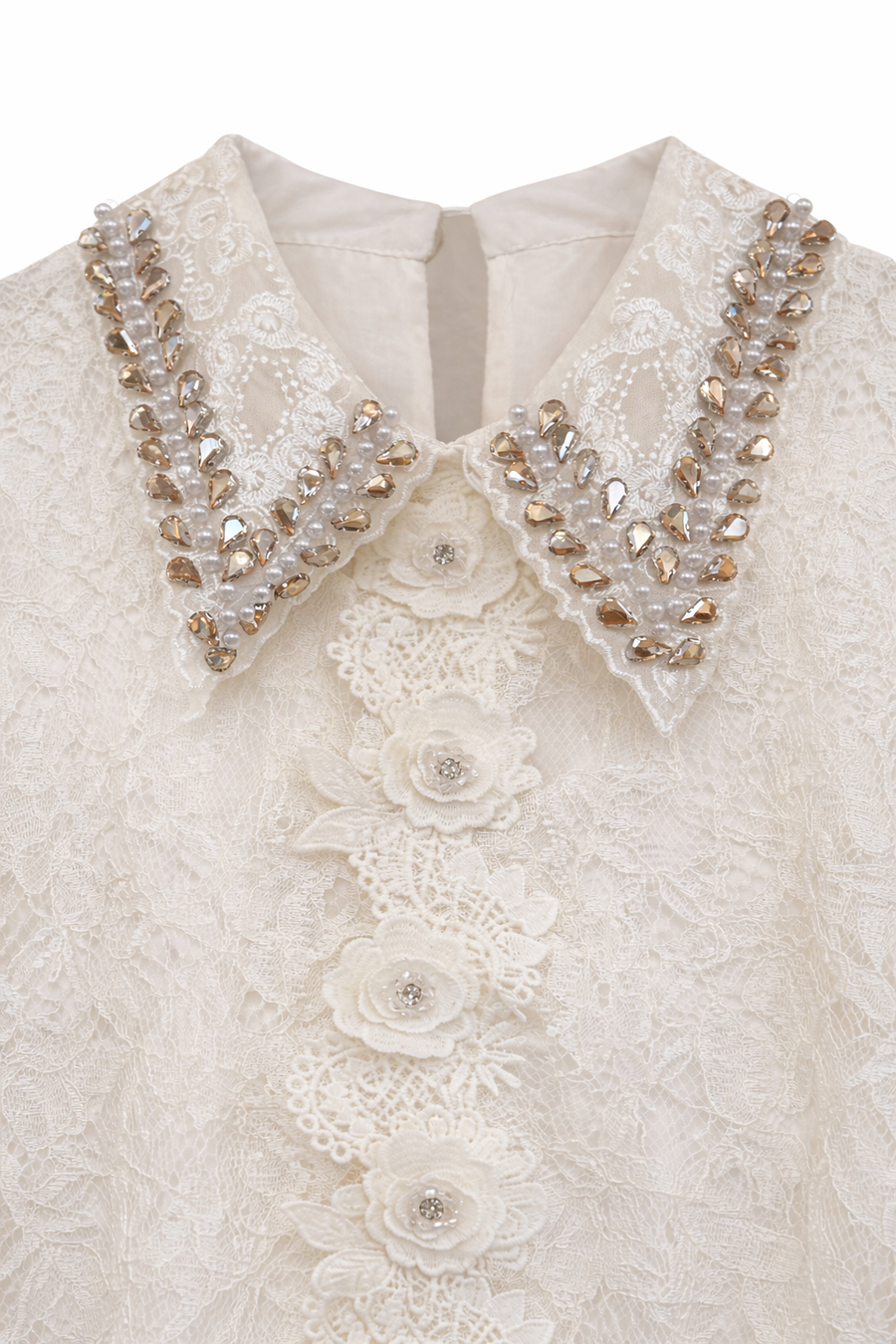 Zarif Güpür Detaylı Transparan Kollu Bluz-Krem