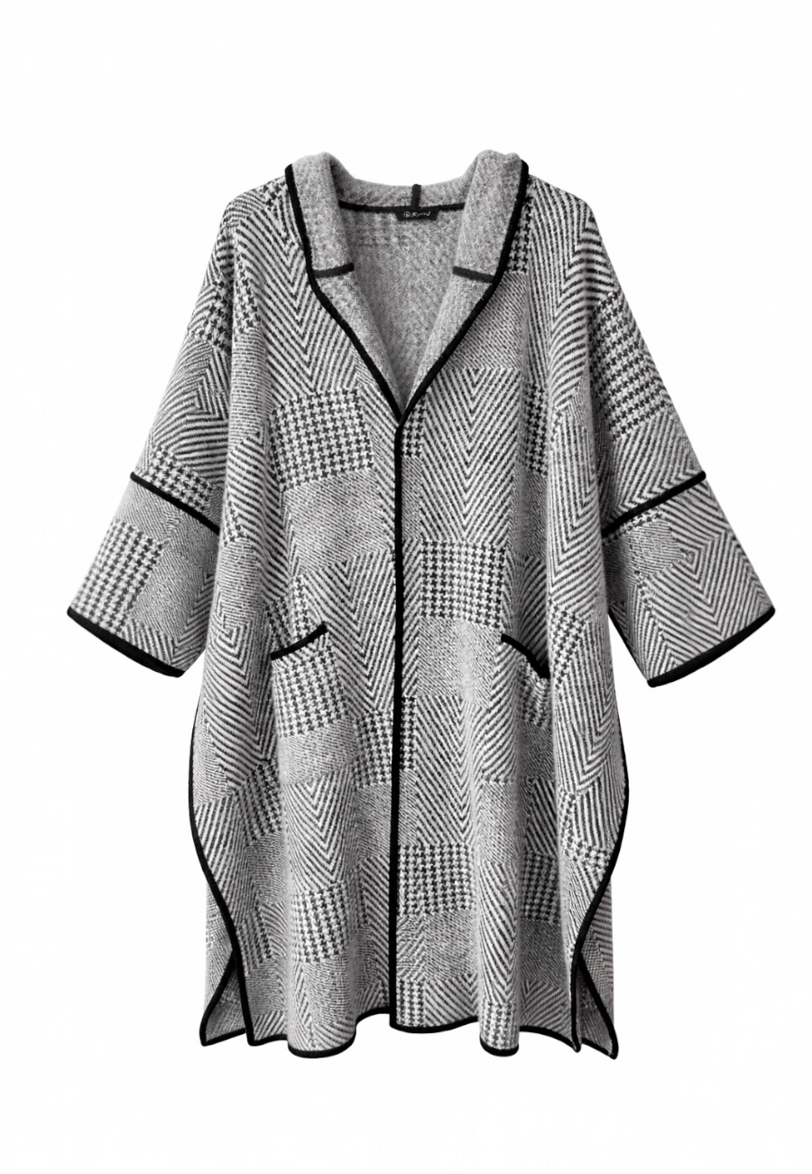 Kapşonlu Triko Panço-Beyaz