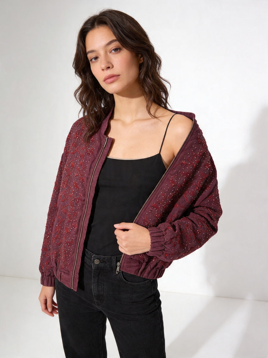 Royal Night Taşlı Bomber Bordo