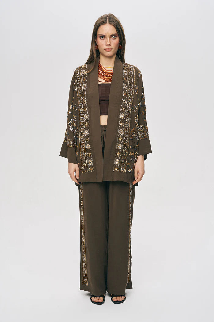 ORF-Özel Tasarım Boncuk ve Nakış Detaylı Kimono / Kahve