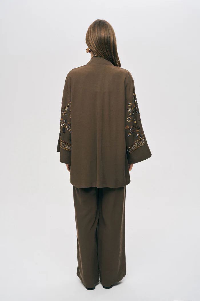 ORF-Özel Tasarım Boncuk ve Nakış Detaylı Kimono / Kahve