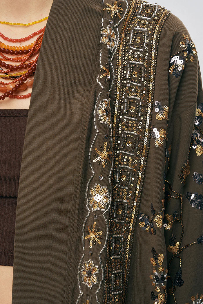 ORF-Özel Tasarım Boncuk ve Nakış Detaylı Kimono / Kahve