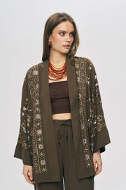 ORF-Özel Tasarım Boncuk ve Nakış Detaylı Kimono / Kahve