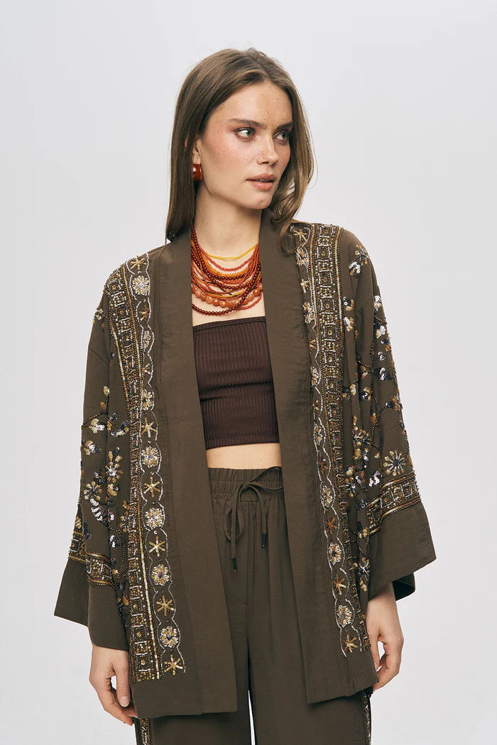 ORF-Özel Tasarım Boncuk ve Nakış Detaylı Kimono / Kahve