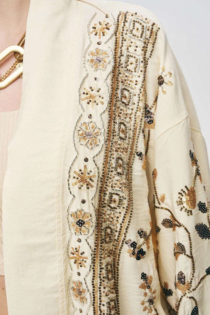 ORF-Özel Tasarım Boncuk ve Nakış Detaylı Kimono / Sarı