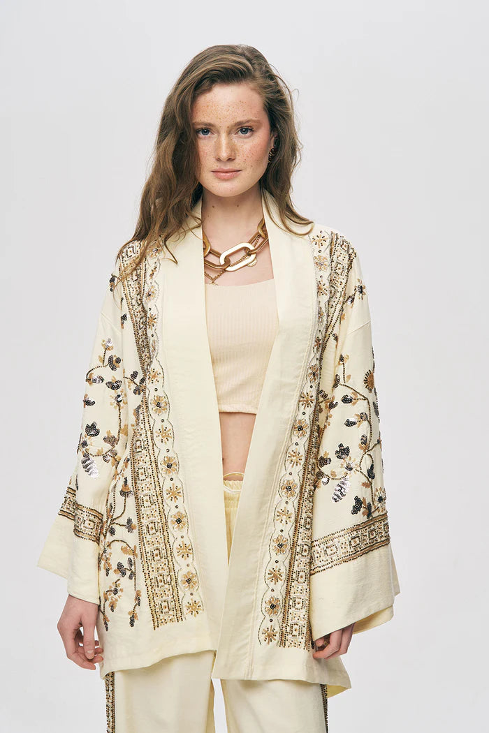 ORF-Özel Tasarım Boncuk ve Nakış Detaylı Kimono / Sarı