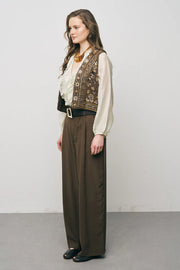 ORF-Nakış ve Boncuk İşlemeli Kahverengi Kısa Yelek