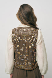 ORF-Nakış ve Boncuk İşlemeli Kahverengi Kısa Yelek