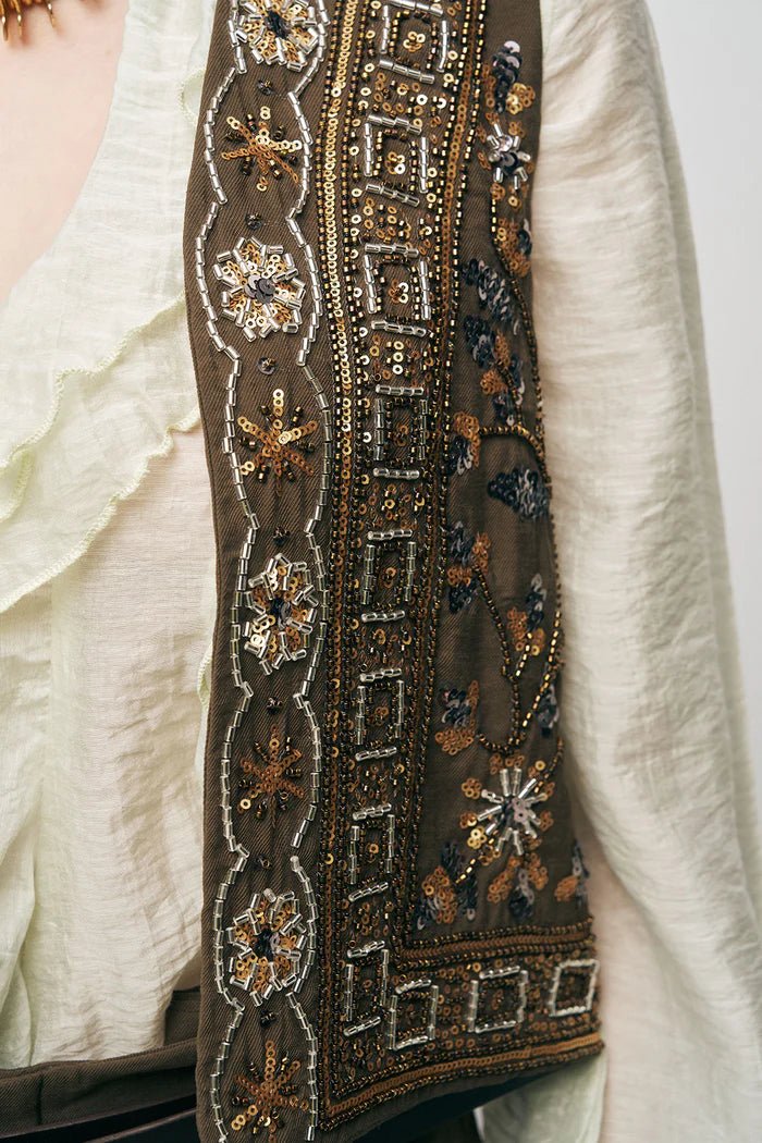 ORF-Nakış ve Boncuk İşlemeli Kahverengi Kısa Yelek