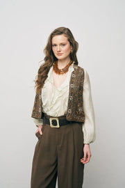 ORF-Nakış ve Boncuk İşlemeli Kahverengi Kısa Yelek