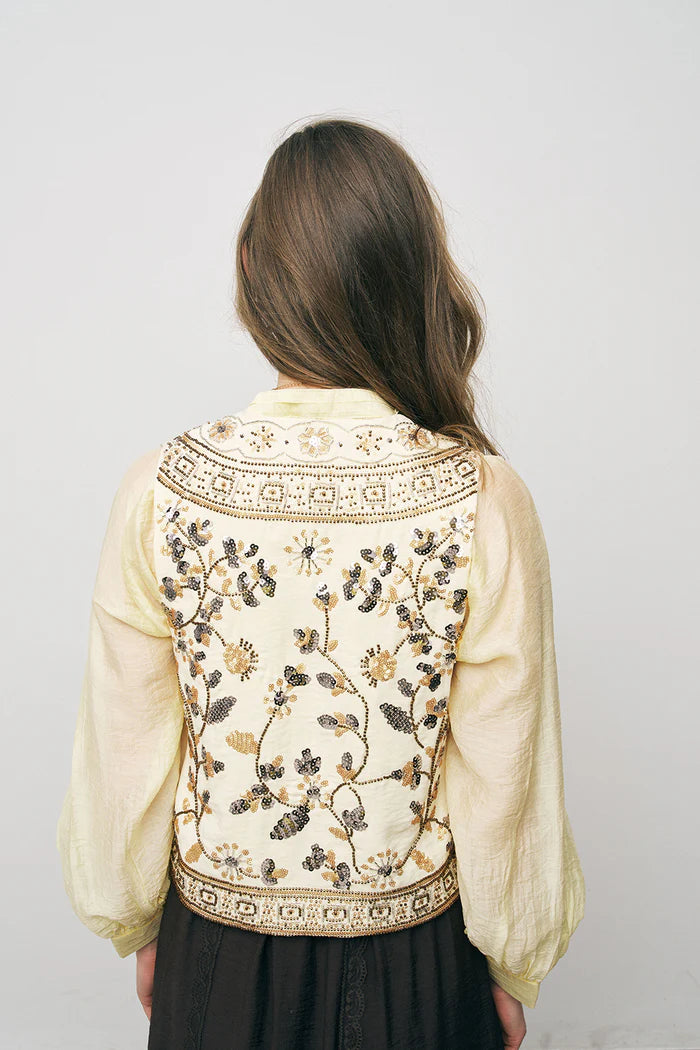 ORF-Nakış ve Boncuk İşlemeli Kahverengi Kısa Yelek Sarı
