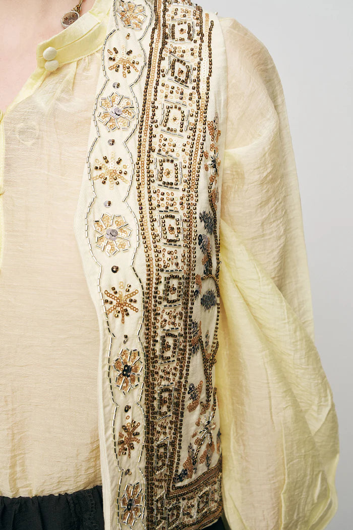 ORF-Nakış ve Boncuk İşlemeli Kahverengi Kısa Yelek Sarı