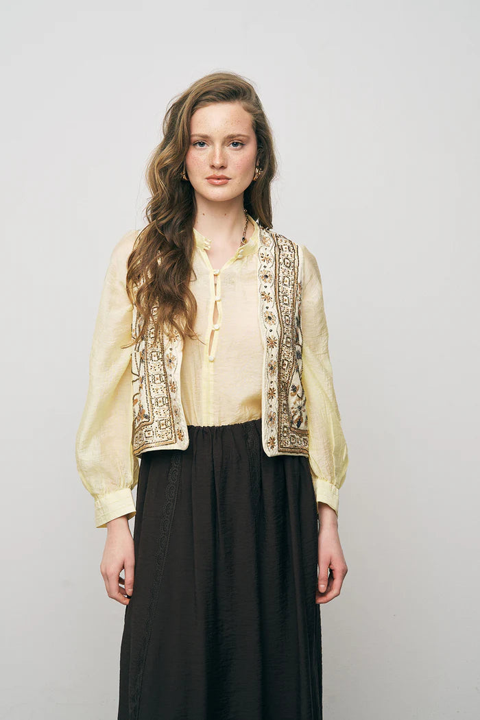 ORF-Nakış ve Boncuk İşlemeli Kahverengi Kısa Yelek Sarı