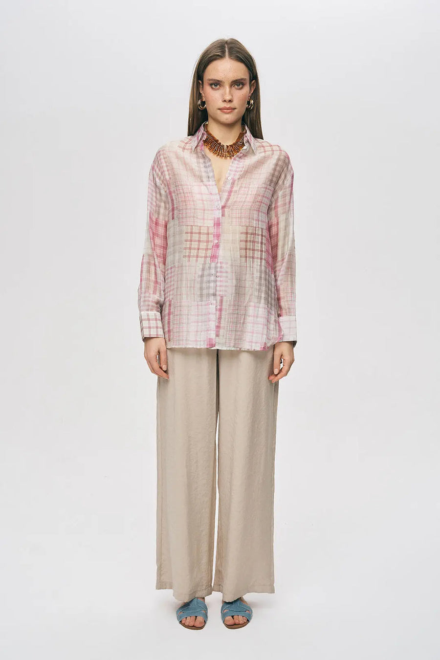 Geometrik Desenli Tencel Karışımlı Uzun Gömlek Rs34820