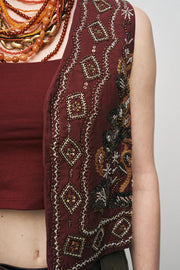 ORF-Boncuk ve Nakışlı Kısa Bordo Yelek