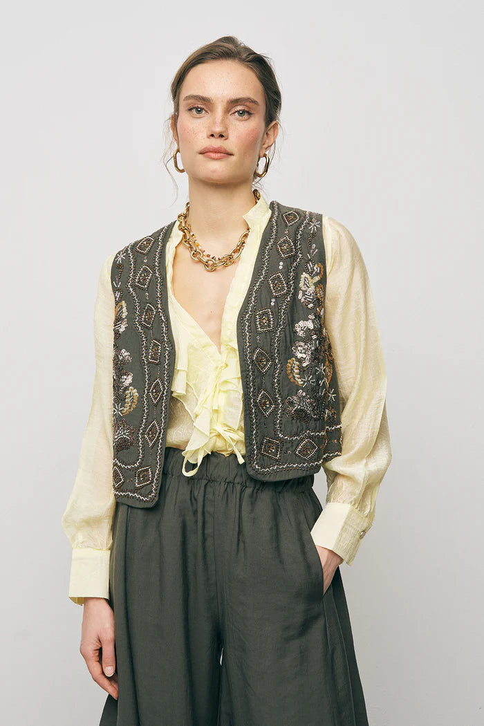 ORF-Boncuk ve Nakışlı Kısa Haki Yelek