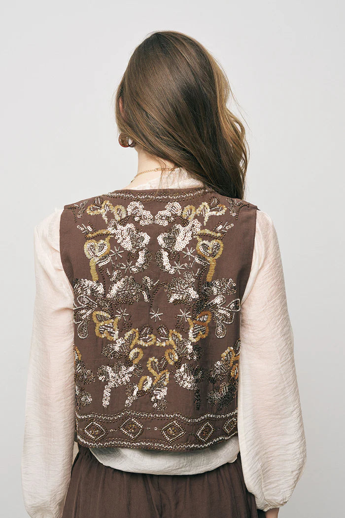 ORF-Boncuk ve Nakışlı Kısa Kahve Yelek
