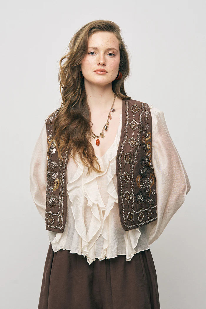 ORF-Boncuk ve Nakışlı Kısa Kahve Yelek