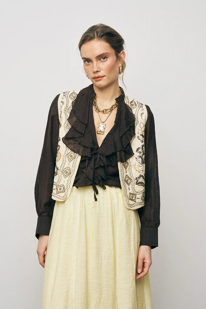 ORF-Boncuk ve Nakışlı Kısa Sarı Yelek