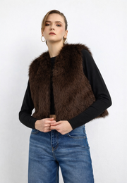 Düz Desen Kısa Kürk Yelek-Kahverengi