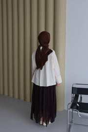 Asimetrik Uçları Dalgalı Kadife Detaylı Etek Kahve