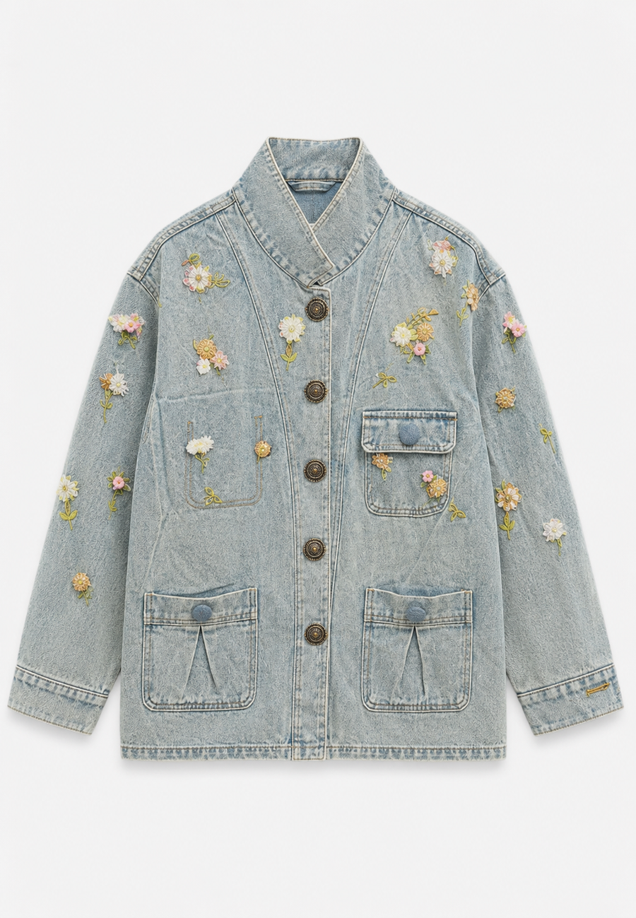 Çiçek İşleme Denim Ceket