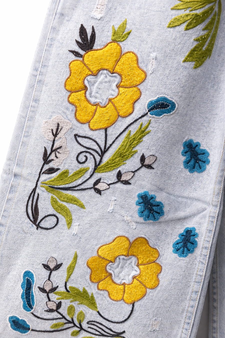 Kadın Ice 11s6-99 Palazzo Fit Özel Sarı Mavi Çiçek Desen Nakışlı Tasarım Denim Jean