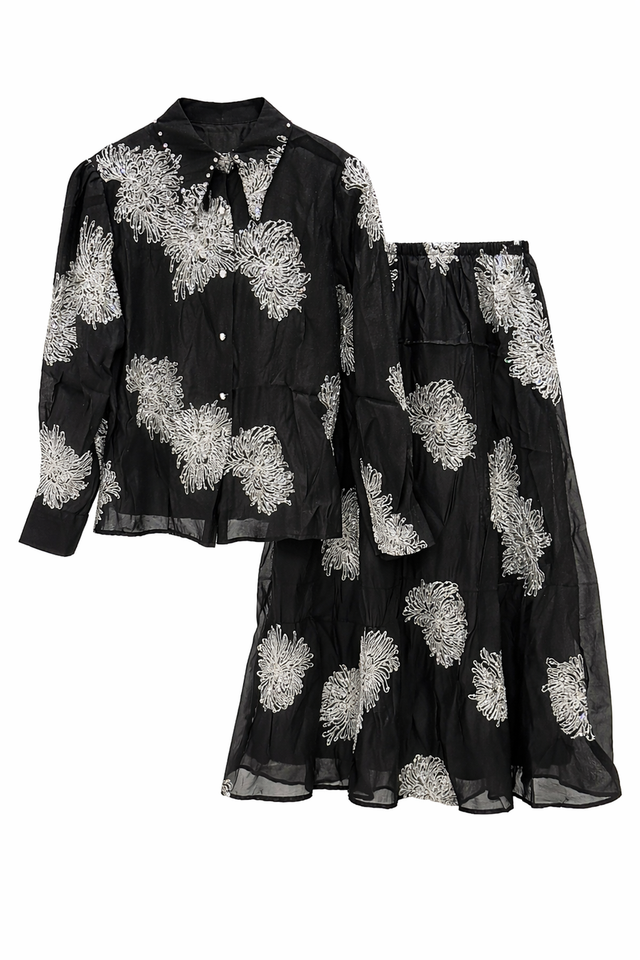 Şifon Taş İşlemeli Gömlek ve Etek Takımı – Siyah
