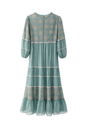 Dantel İnci İşlemeli Katlı Maksi Elbise-Mint