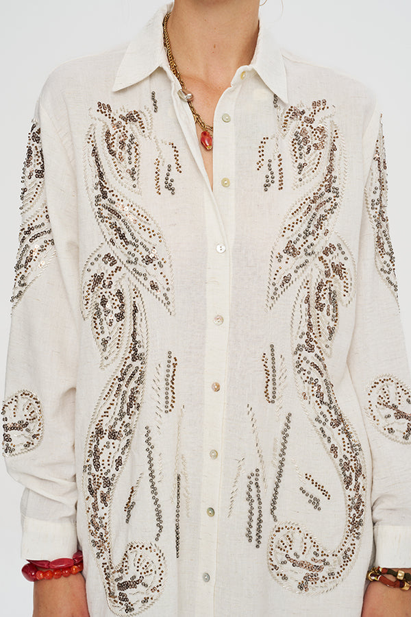 Oversize Nakışlı Keten Gömlek-RS34760