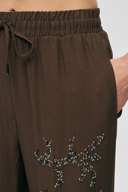 ORF-Yüksek Bel Boncuk İşlemeli Palazzo Pantolon K.Kahve
