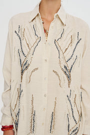 Oversize Nakışlı Keten Gömlek-RS34660