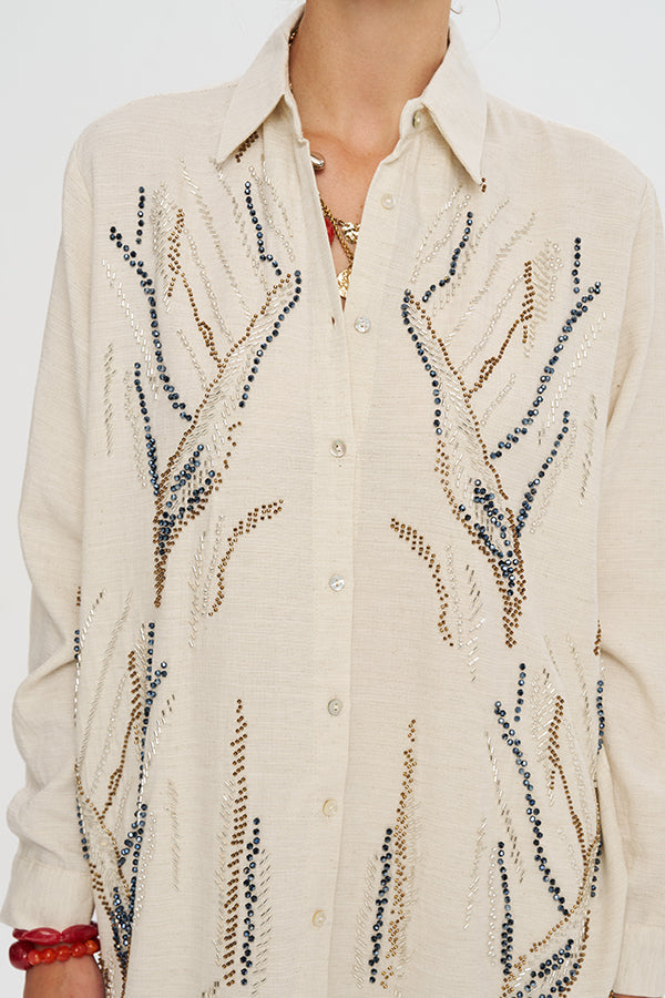 Oversize Nakışlı Keten Gömlek-RS34660