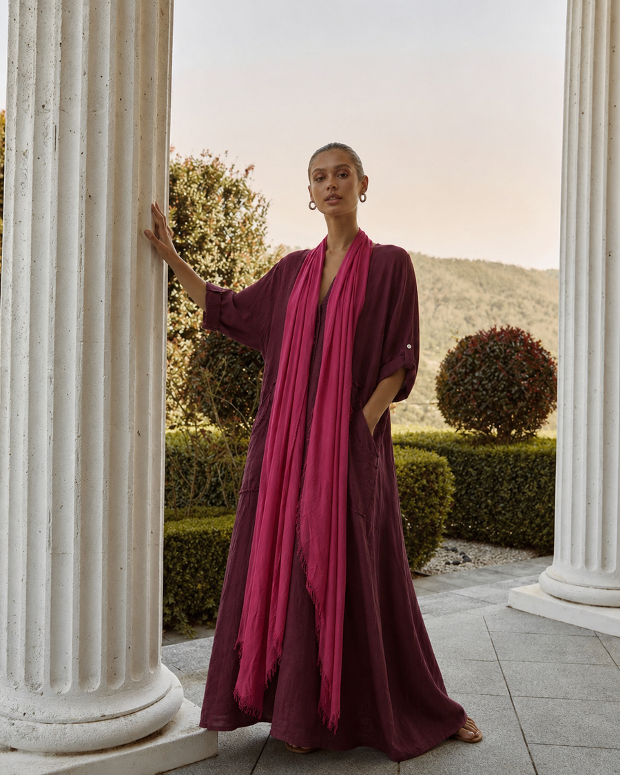 Saf Keten Uzun Kaftan Bordo