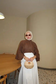 Doğal Akış Ham Keten Bluz Kahve 0265