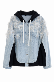 Triko Kapşonlu El İşlemeli Kot Ceket