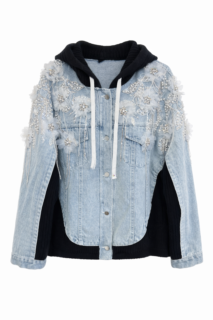 Triko Kapşonlu El İşlemeli Kot Ceket