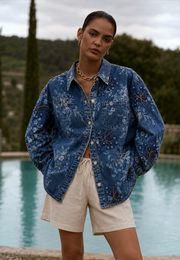 Çiçek İşlemeli Denim Gömlek