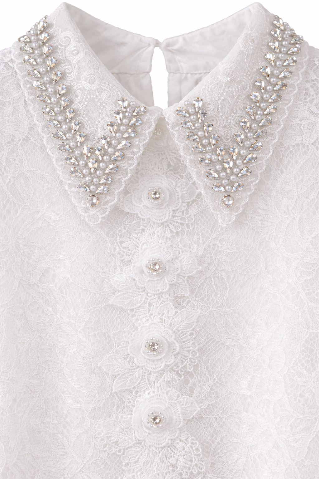 Zarif Güpür Detaylı Transparan Kollu Bluz-Beyaz