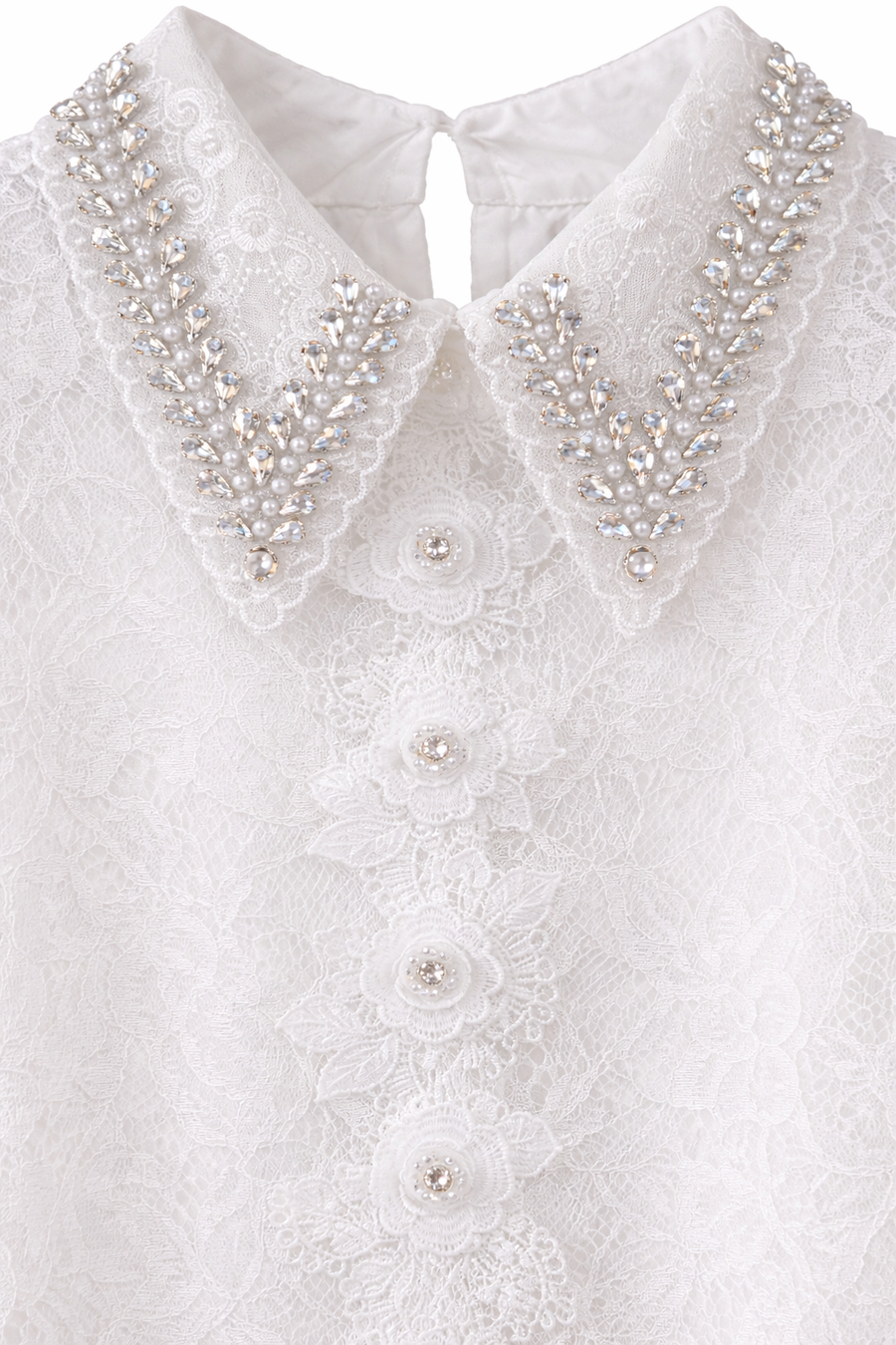 Zarif Güpür Detaylı Transparan Kollu Bluz-Beyaz