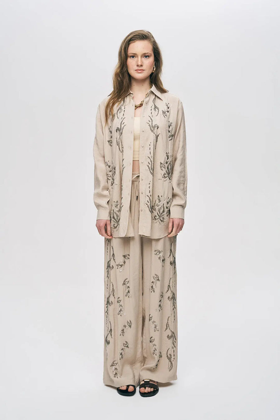 Oversize Nakışlı Tensel Gömlek-RS34535