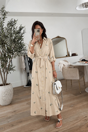 Sümbül Çiçek Gömlek Elbise Bej-RS265390