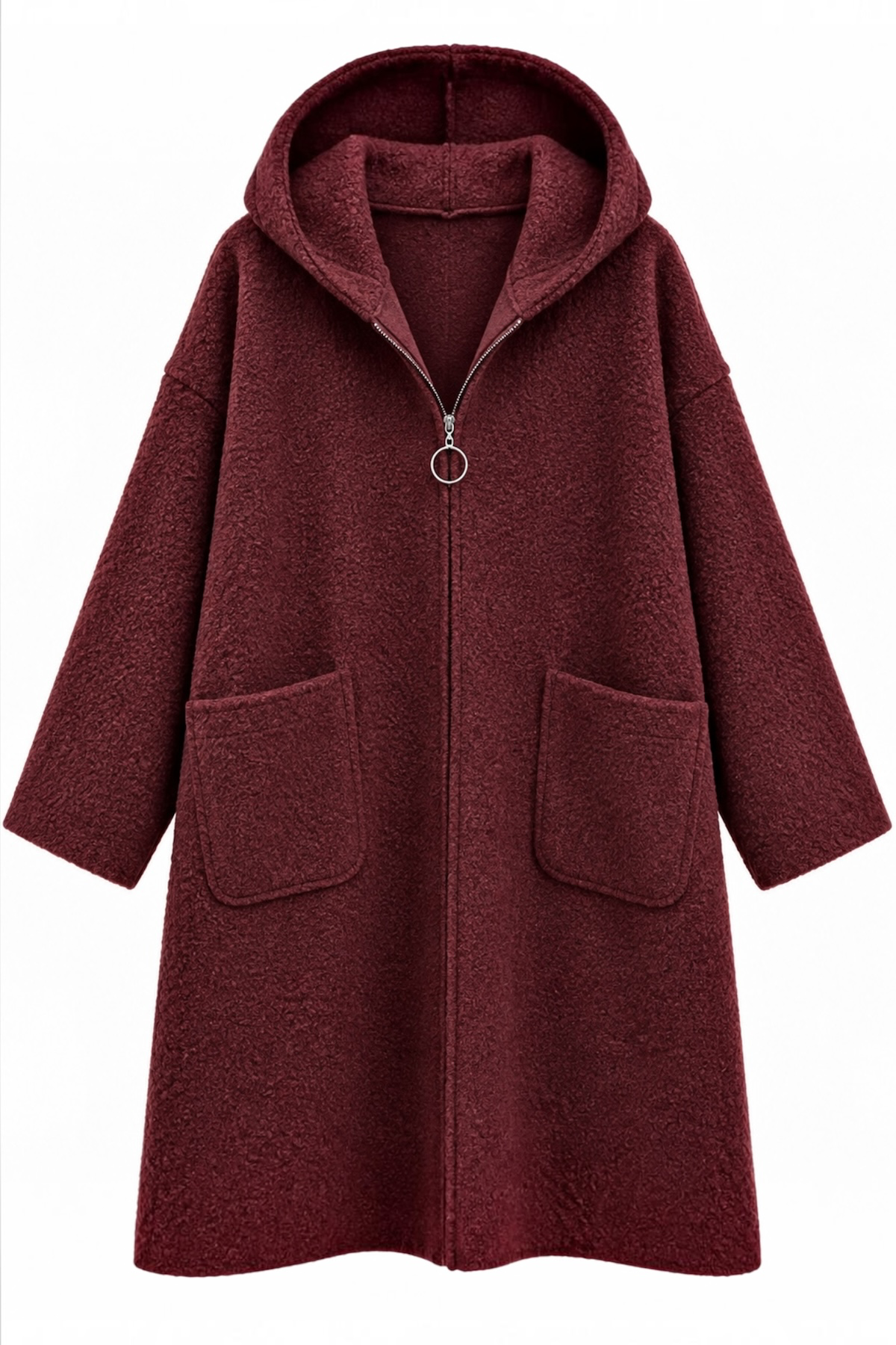 Önden Cepli Kapüşonlu Buklet Kaban | RS0095 Bordo