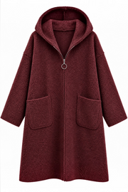 Önden Cepli Kapüşonlu Buklet Kaban | RS0095 Bordo