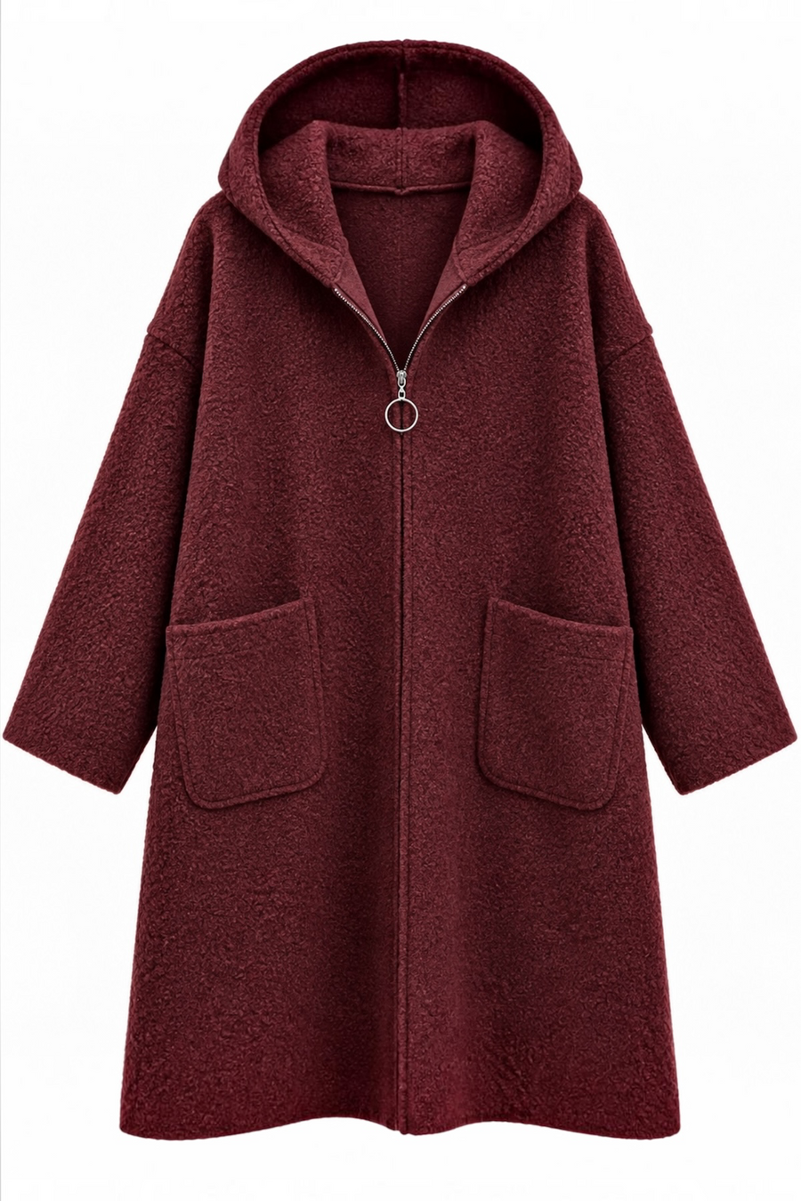 Önden Cepli Kapüşonlu Buklet Kaban | RS0095 Bordo