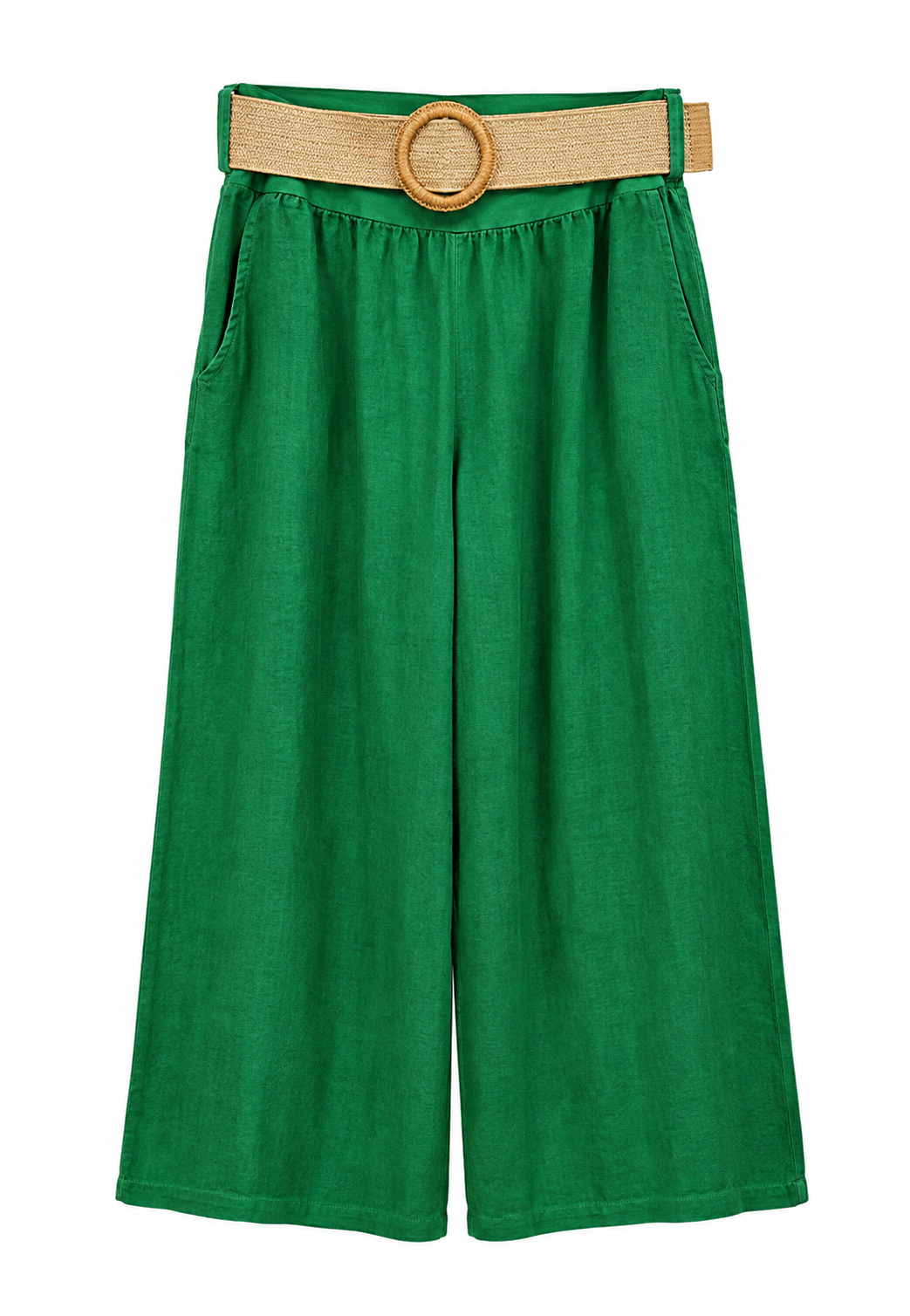 Hasır Kemerli Keten Pantolon Yeşil-RS5142